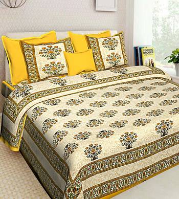 Printed Yellow Cotton King Size Double Bed Sheet with 2 Pillow Cover 1