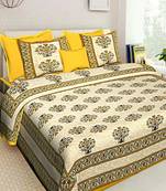 Printed Yellow Cotton King Size Double Bed Sheet with 2 Pillow Cover