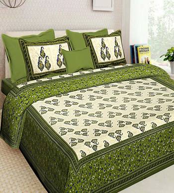 Printed Green Cotton King Size Double Bed Sheet with 2 Pillow Cover 1