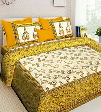 Printed Yellow Cotton King Size Double Bed Sheet with 2 Pillow Cover 1