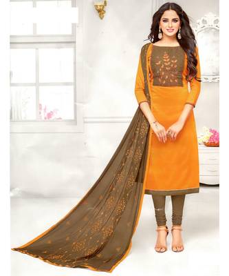 Orange Embroidered Cotton Unstitched Salwar With Dupatta 1
