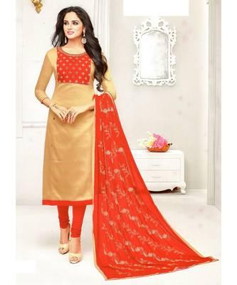Beige Embroidered Cotton Unstitched Salwar With Dupatta 1