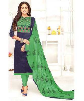 Blue Embroidered Cotton Unstitched Salwar With Dupatta 1