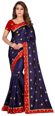 Blue And Red Cotton Silk Embroidered Saree With Unstiched Blouse 1