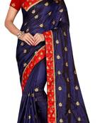 Blue And Red Cotton Silk Embroidered Saree With Unstiched Blouse