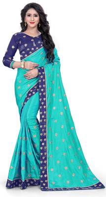 Turquoise And Blue Silk Blend Embroidered Saree With Unstiched Blouse 1