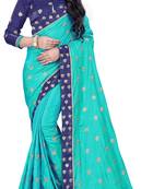 Turquoise And Blue Silk Blend Embroidered Saree With Unstiched Blouse