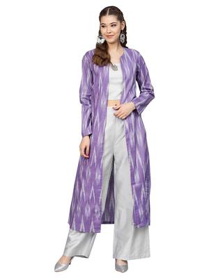Grey & Purple Cotton Ikkat Jacket Kurta Set 1