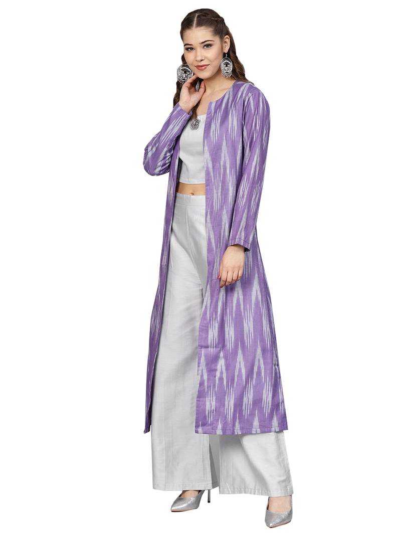 Grey & Purple Cotton Ikkat Jacket Kurta Set