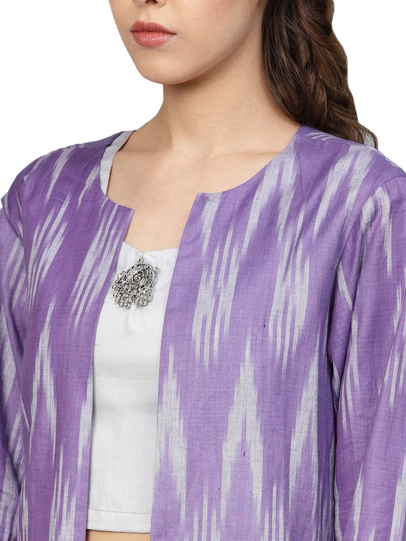 Grey & Purple Cotton Ikkat Jacket Kurta Set