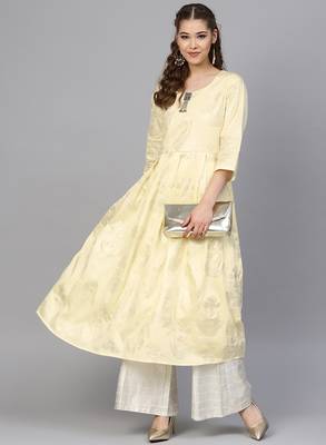 Yellow & Cream Cotton Foil Print Kurta Palazzo Set 1