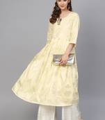 Yellow & Cream Cotton Foil Print Kurta Palazzo Set