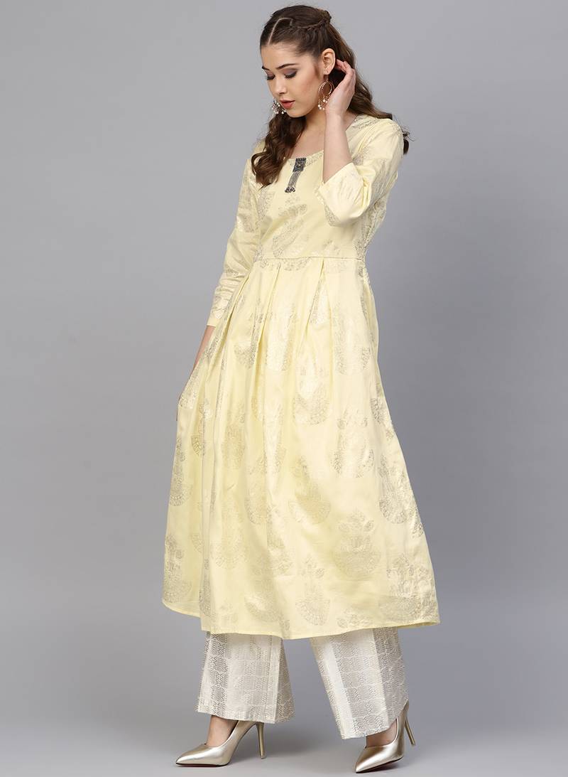 Yellow & Cream Cotton Foil Print Kurta Palazzo Set