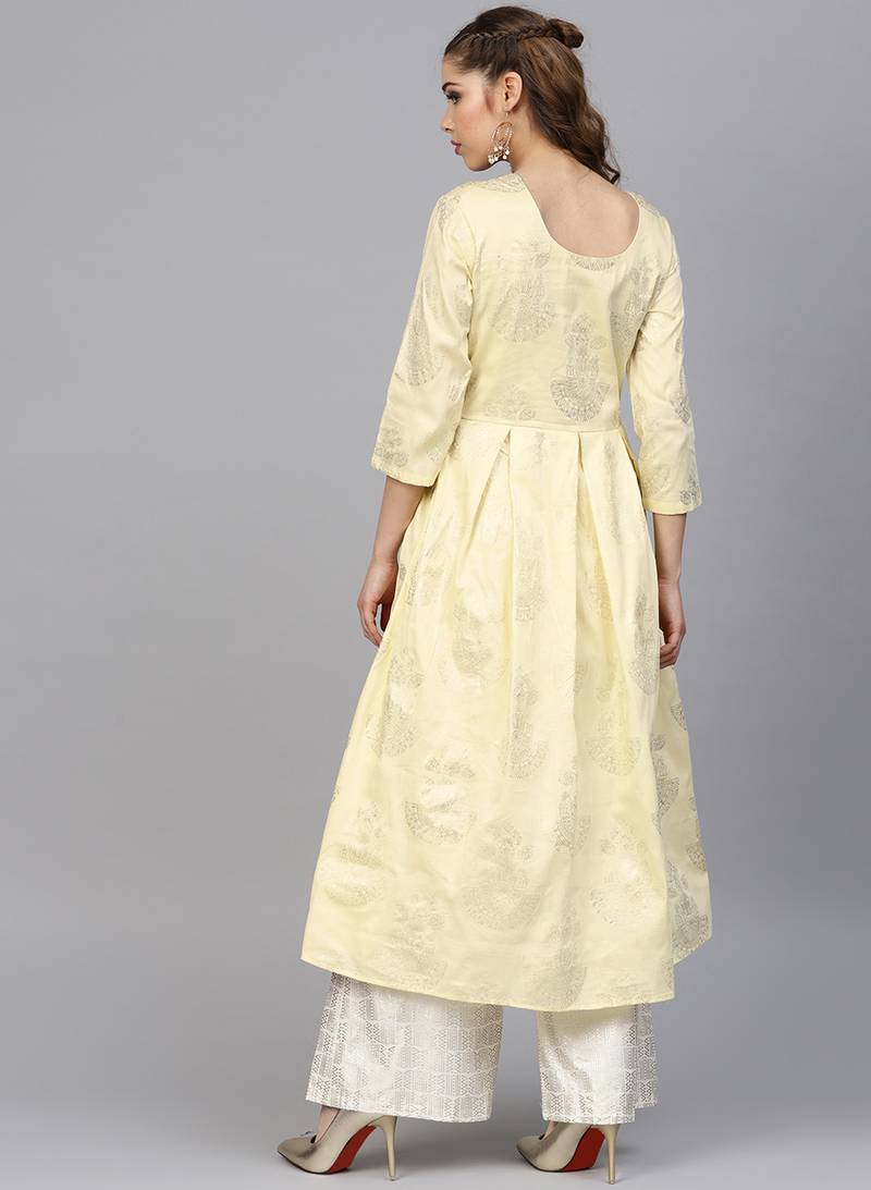 Yellow & Cream Cotton Foil Print Kurta Palazzo Set