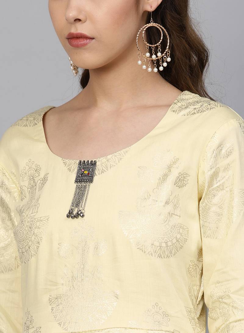 Yellow & Cream Cotton Foil Print Kurta Palazzo Set