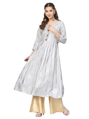 Grey & Yellow Cotton Foil Print Kurta Palazzo Set 1