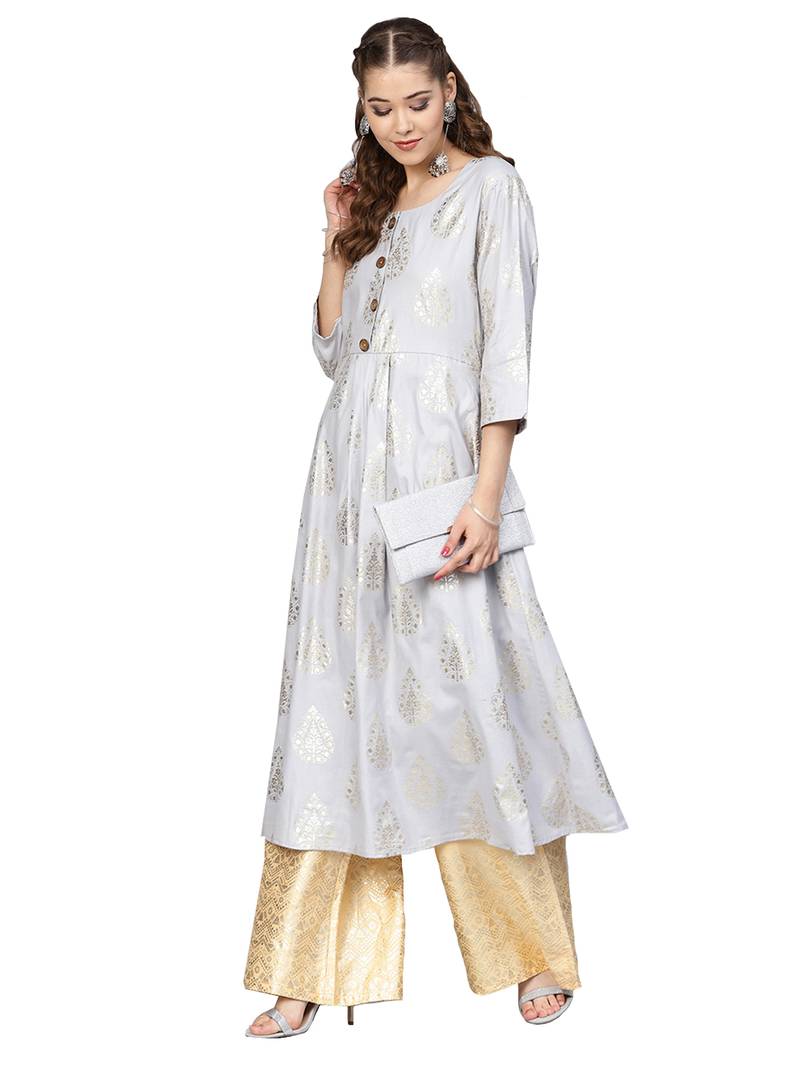 Grey & Yellow Cotton Foil Print Kurta Palazzo Set