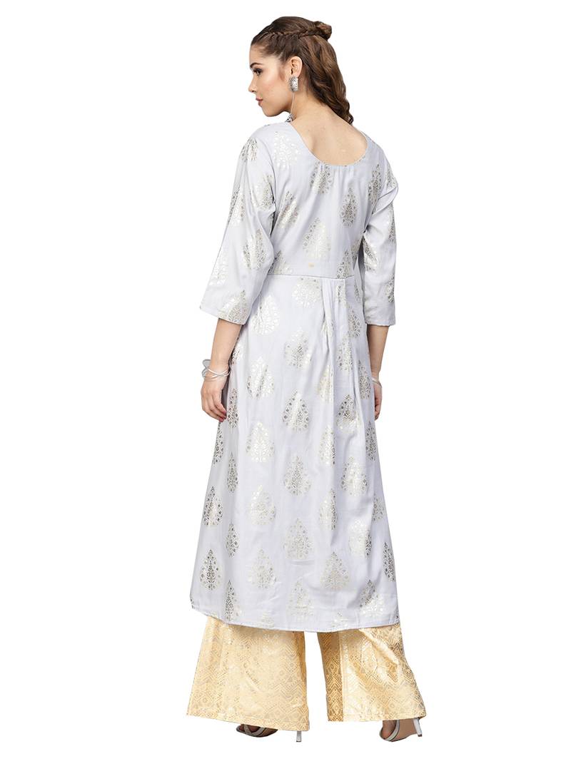 Grey & Yellow Cotton Foil Print Kurta Palazzo Set