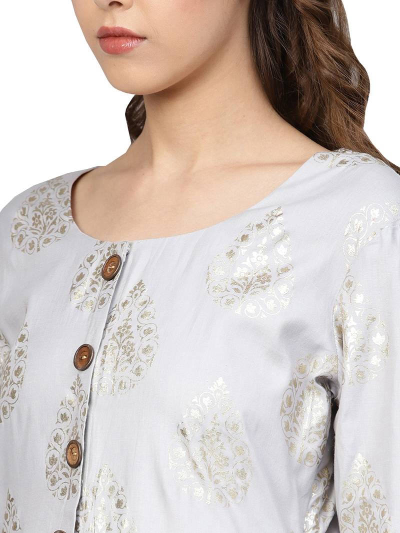 Grey & Yellow Cotton Foil Print Kurta Palazzo Set