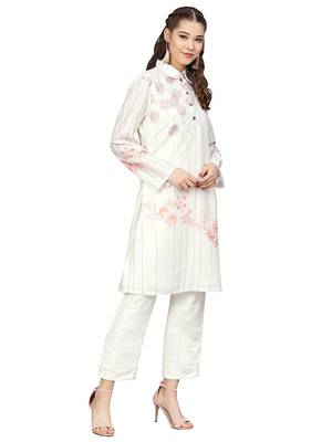 Cream & Black Cotton Blend Striped Kurta Palazzo Set 1