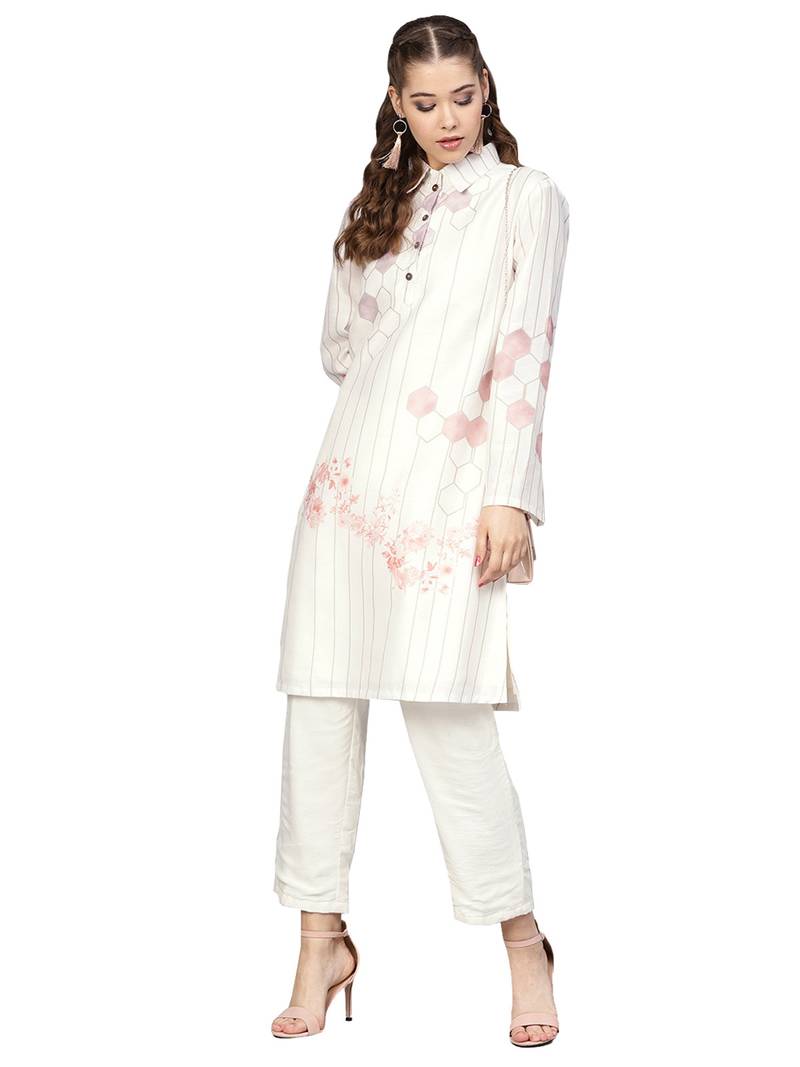 Cream & Black Cotton Blend Striped Kurta Palazzo Set