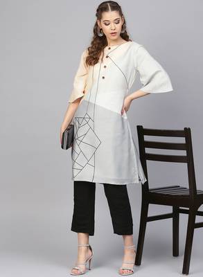 Off White & Black Cotton Blend Striped Kurta Palazzo Set 1