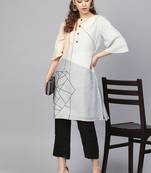 Off White & Black Cotton Blend Striped Kurta Palazzo Set