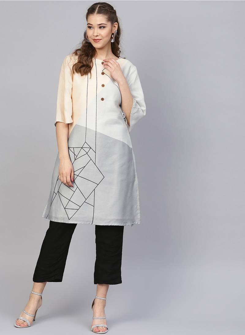 Off White & Black Cotton Blend Striped Kurta Palazzo Set