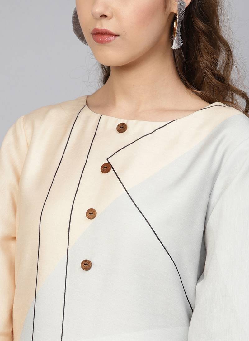 Off White & Black Cotton Blend Striped Kurta Palazzo Set