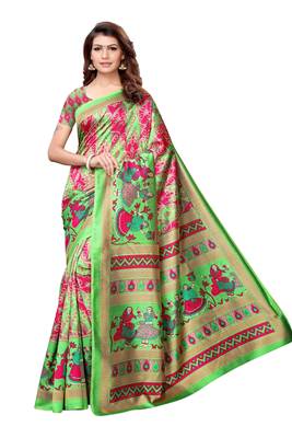 green printed south silk saree with blouse 1