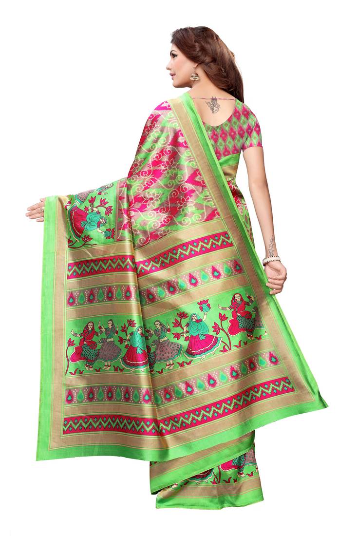 green printed south silk saree with blouse