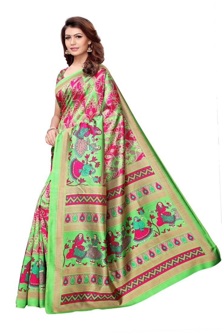 green printed south silk saree with blouse