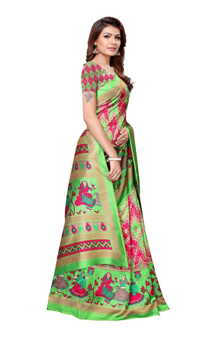 green printed south silk saree with blouse