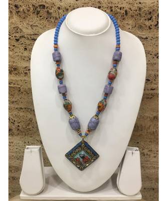 Afghani Tibetan Gold Plate Brass Multi-Color Pendant Purple Stone Blue Beads Necklace 1