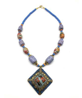 Afghani Tibetan Gold Plate Brass Multi-Color Pendant Purple Stone Blue Beads Necklace 2