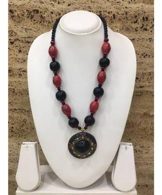 Afghani Tibetan Gold Plate Brass Multi-Color Pendant Red Stone Black Beads Necklace 1
