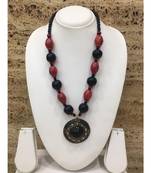 Afghani Tibetan Gold Plate Brass Multi-Color Pendant Red Stone Black Beads Necklace