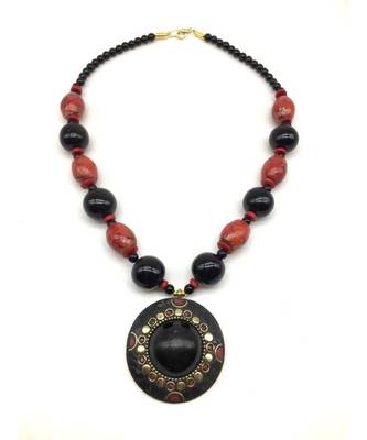Afghani Tibetan Gold Plate Brass Multi-Color Pendant Red Stone Black Beads Necklace 2