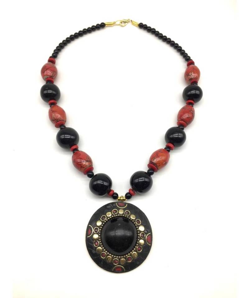 Afghani Tibetan Gold Plate Brass Multi-Color Pendant Red Stone Black Beads Necklace