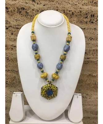 Afghani Tibetan Gold Plate Brass Multi-Color Pendant Grey Stone With Yellow Beads Necklace 1