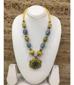 Afghani Tibetan Gold Plate Brass Multi-Color Pendant Grey Stone With Yellow Beads Necklace