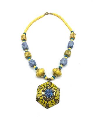 Afghani Tibetan Gold Plate Brass Multi-Color Pendant Grey Stone With Yellow Beads Necklace 2