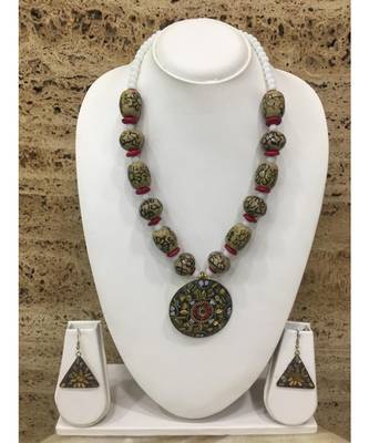 Afghani Tibetan Gold Plate Brass Multi-Color Pendant Grey Stone White Beads Necklace With Earring 1