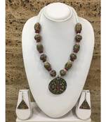 Afghani Tibetan Gold Plate Brass Multi-Color Pendant Grey Stone White Beads Necklace With Earring