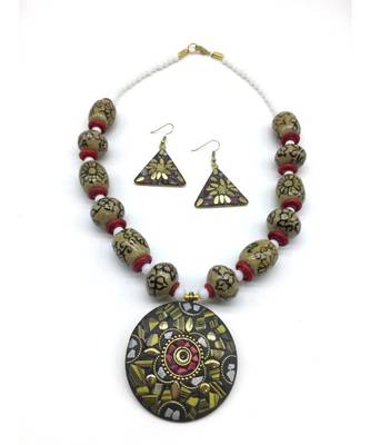 Afghani Tibetan Gold Plate Brass Multi-Color Pendant Grey Stone White Beads Necklace With Earring 2