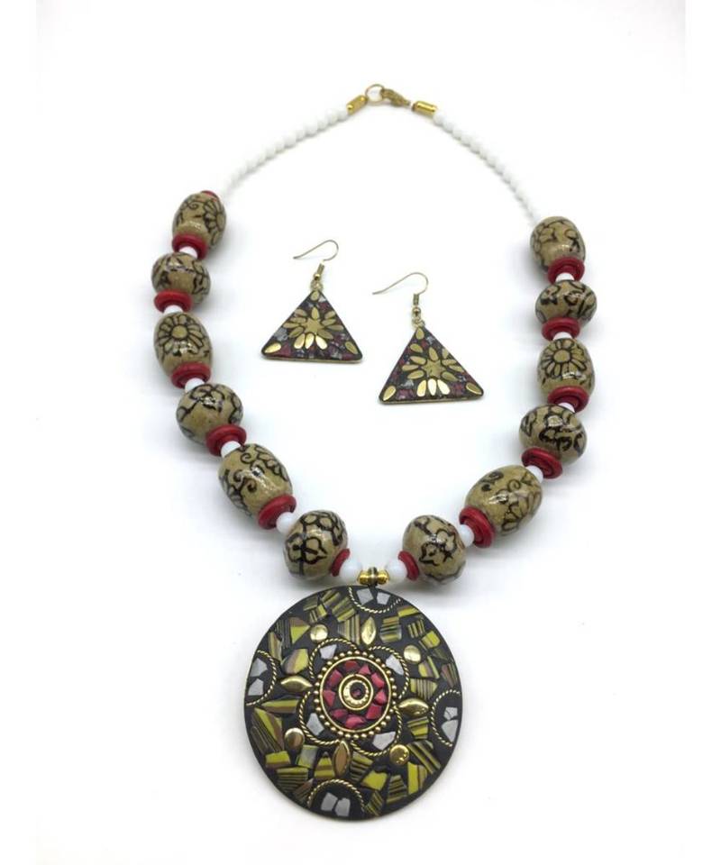 Afghani Tibetan Gold Plate Brass Multi-Color Pendant Grey Stone White Beads Necklace With Earring