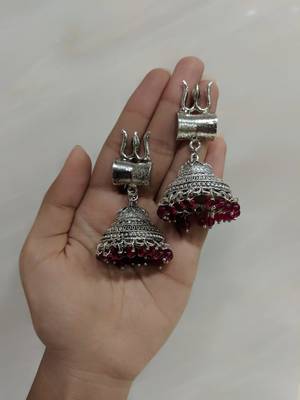 Afghani Antique German Silver Oxidised Plated Tribal Om Trishul Dangle Drop Jhumki Traditional Earring 2