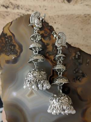 Afghani Antique Silver Oxidised Plated Tribal Peacock Dangle Drop Jhumki Traditional Logo Earrings 1
