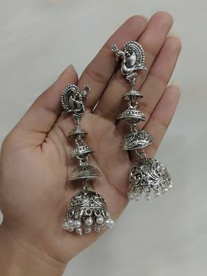 Afghani Antique Silver Oxidised Plated Tribal Peacock Dangle Drop Jhumki Traditional Logo Earrings 2