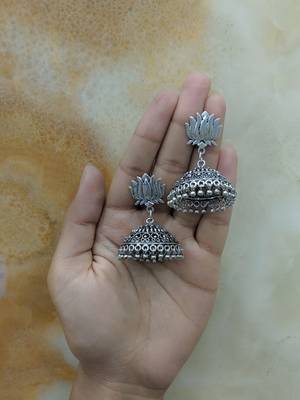 Afghani Antique Silver Oxidised Plated Tribal Lotus Flower Dangle Drop Jhumki Traditional Earrings 1